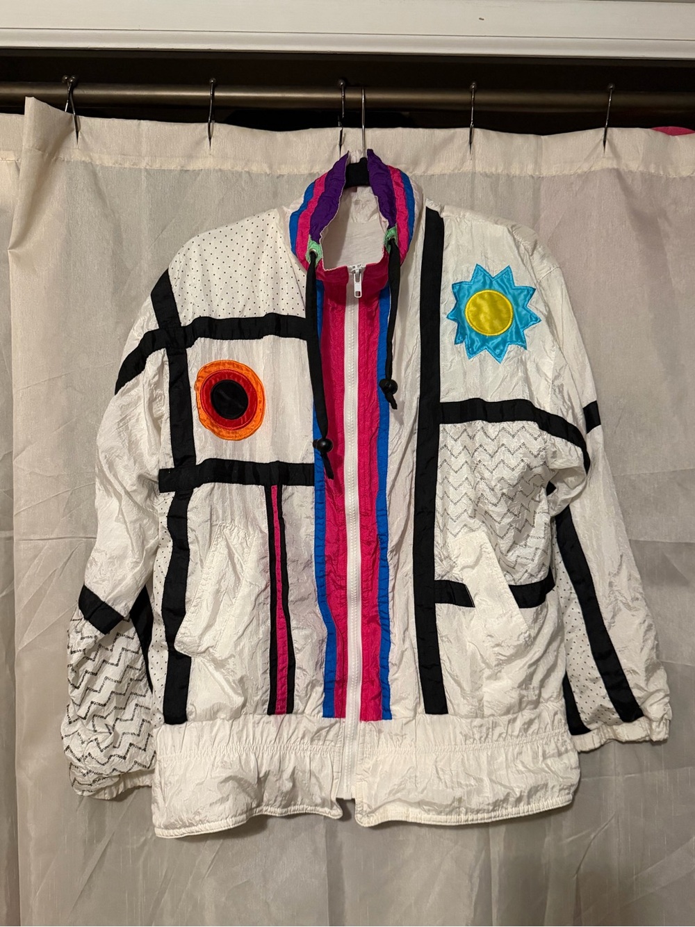 White Retro Colorblock Windbreaker Jacket with Pink & Blue Accents